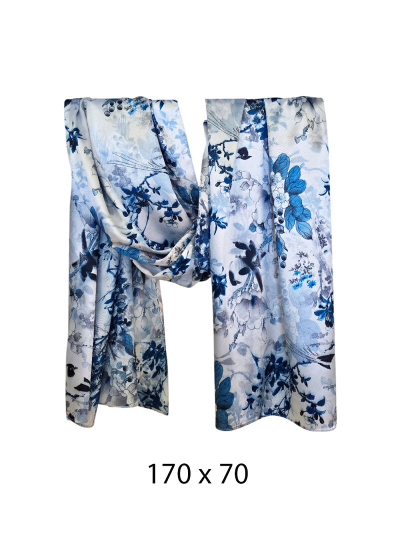 Šal 15 - double face saten 70x170 Birds in blue garden