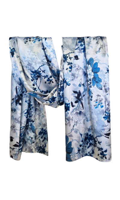 Šal 15 - double face saten 70x170 Birds in blue garden