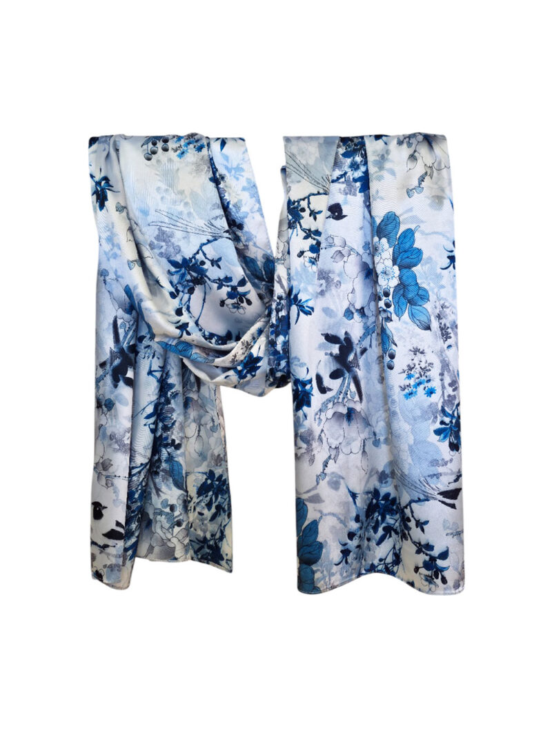 Šal 15 - double face saten 70x170 Birds in blue garden