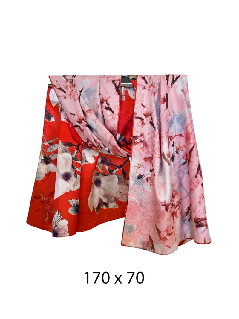 Šal 15 - double face saten 70x170 Peonies on Red/Pink flowers