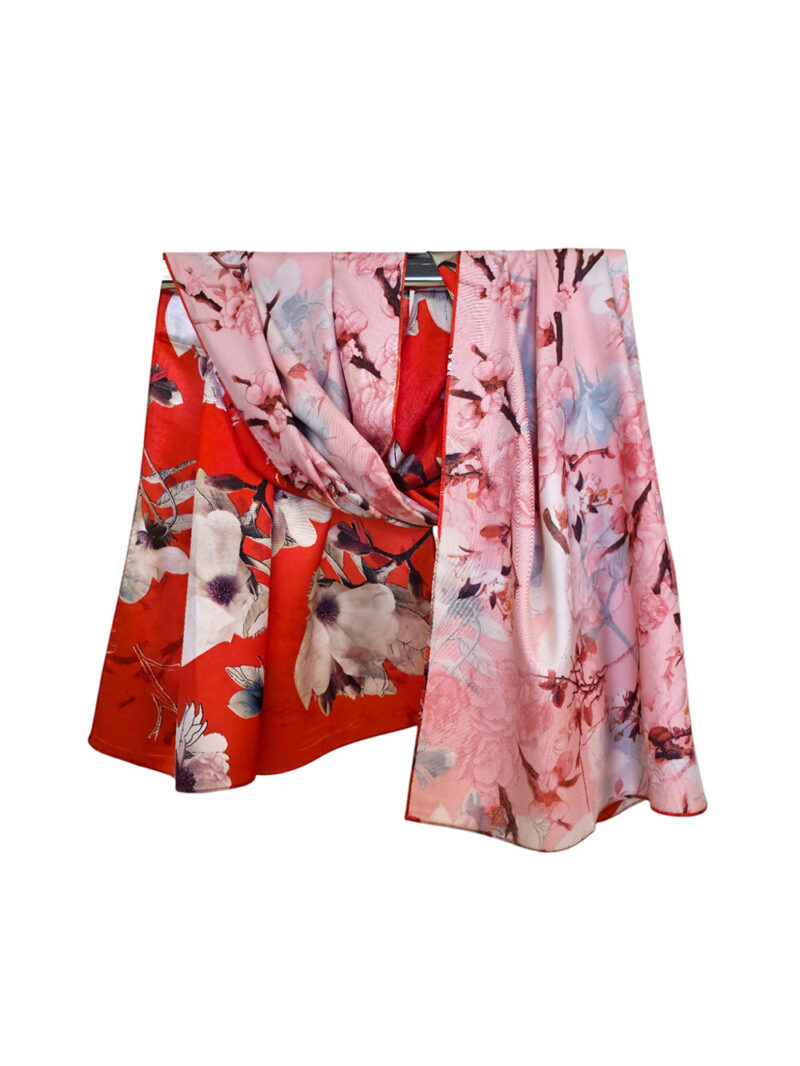 Šal 15 - double face saten 70x170 Peonies on Red/Pink flowers