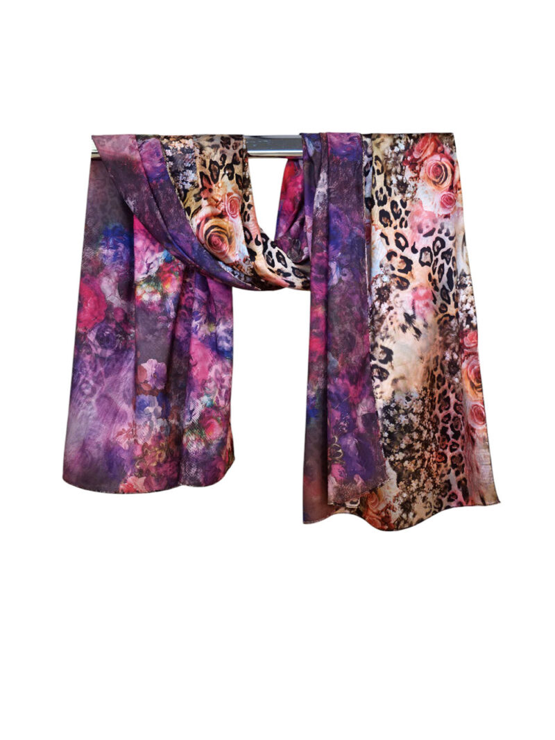 Šal 15 - double face saten 70x170 Animal Roses/Purple Peonies