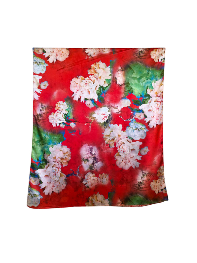 Šal 15 - double face saten 70x170 Magnolias on Red/Pink Blossom