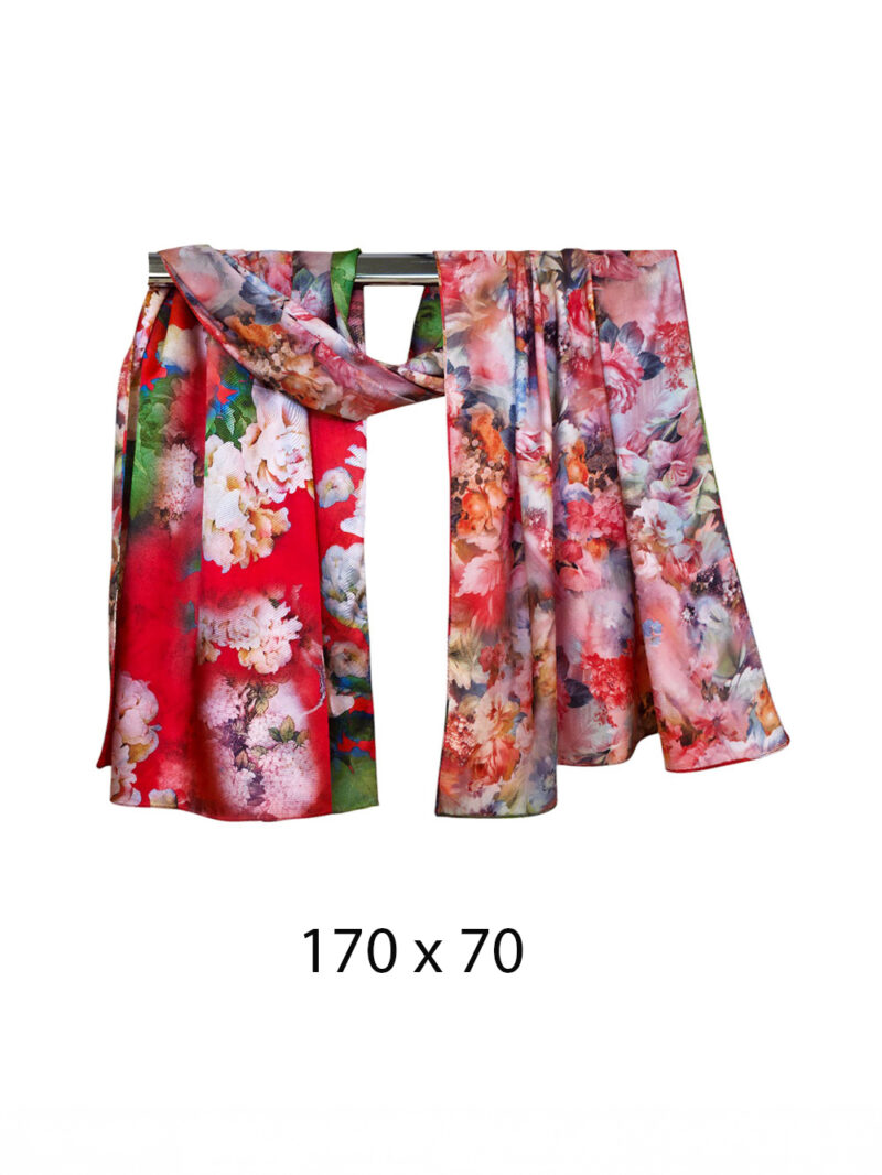 Šal 15 - double face saten 70x170 Magnolias on Red/Pink Blossom