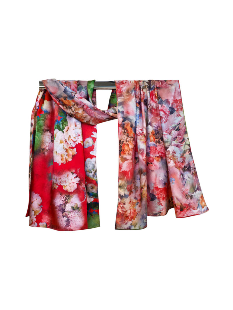 Šal 15 - double face saten 70x170 Magnolias on Red/Pink Blossom