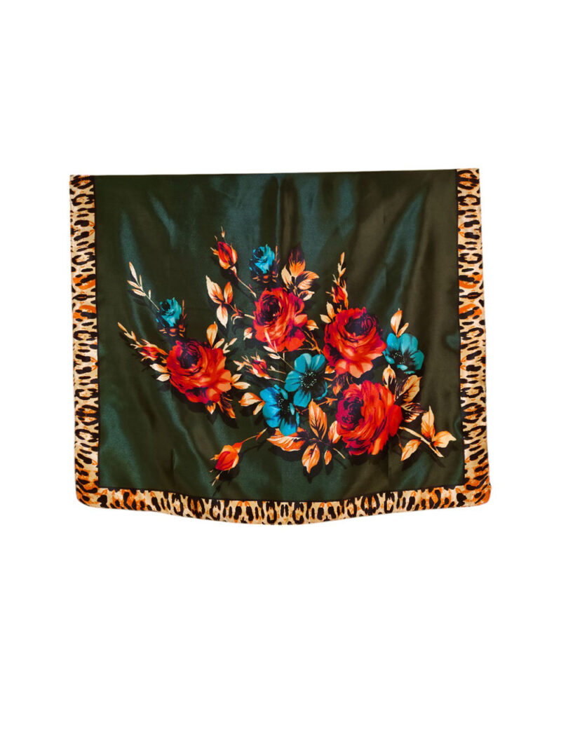 Šal 11 - silk/viscose 90x90 Roses/Animal - b.green