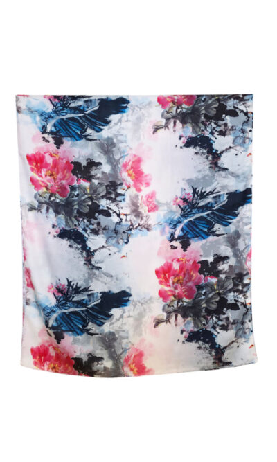 Šal 15 - double face saten 70x170 Pink Flowers/Blue Leaves