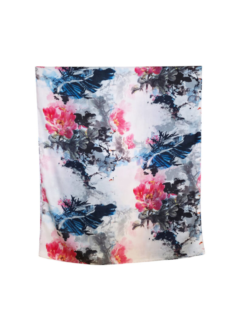 Šal 15 - double face saten 70x170 Pink Flowers/Blue Leaves