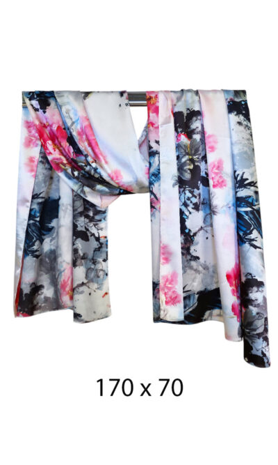 Šal 15 - double face saten 70x170 Pink Flowers/Blue Leaves