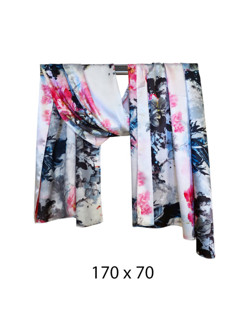 Šal 15 - double face saten 70x170 Pink Flowers/Blue Leaves