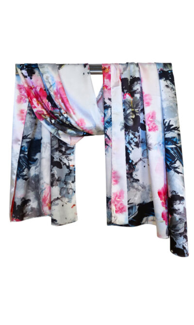 Šal 15 - double face saten 70x170 Pink Flowers/Blue Leaves