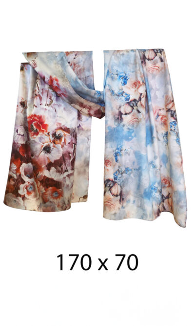 Šal 15 - double face saten 70x170 Roses on Blue/Poppies