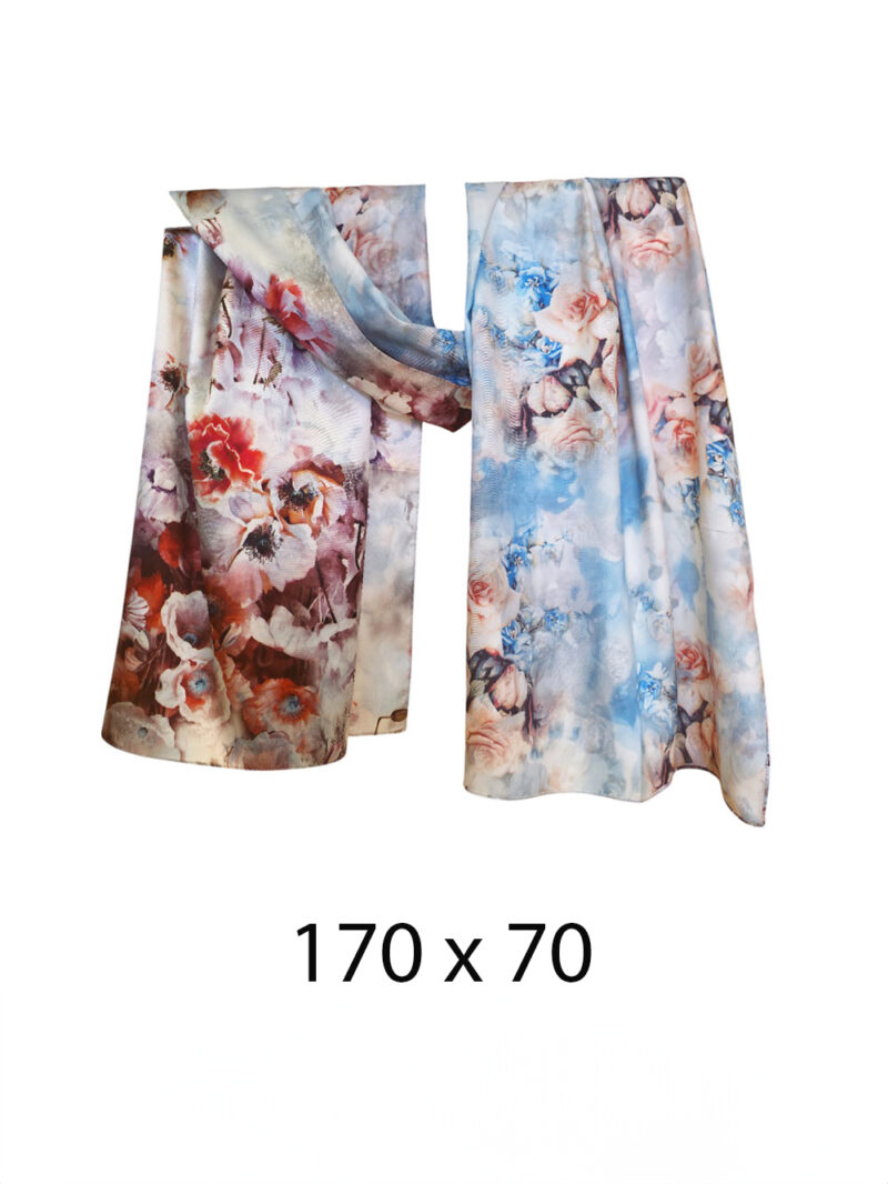Šal 15 - double face saten 70x170 Roses on Blue/Poppies