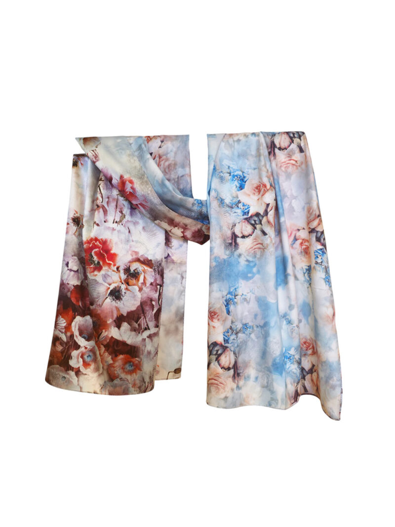 Šal 15 - double face saten 70x170 Roses on Blue/Poppies