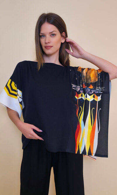 Tunika 36 Fantasy - cotton jersey UN black - Cats/Duck