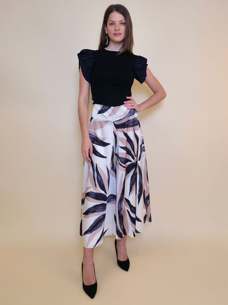 Hlače 40 Amazona - saten print Palm leaves - black