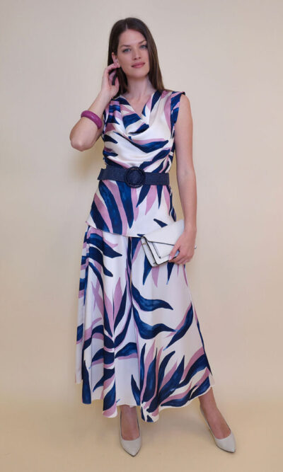 Hlače 40 Amazona - saten print Palm leaves - pink