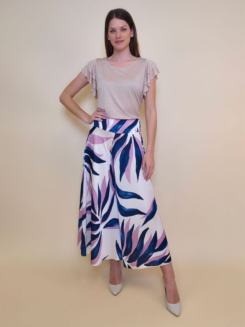 Hlače 40 Amazona - saten print Palm leaves - pink