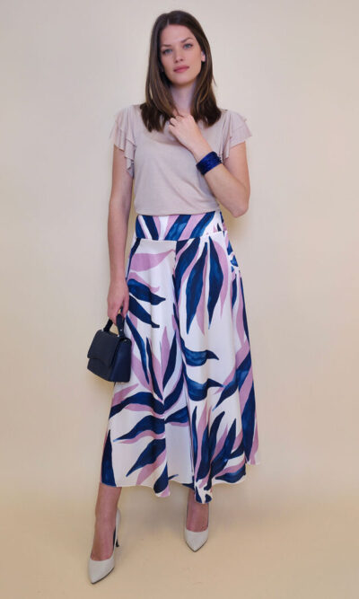 Hlače 40 Amazona - saten print Palm leaves - pink