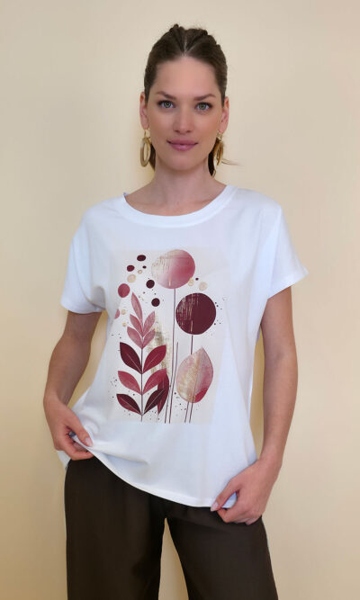 Majica 28 Noroo - cotton white - Olive Leaves burgundy