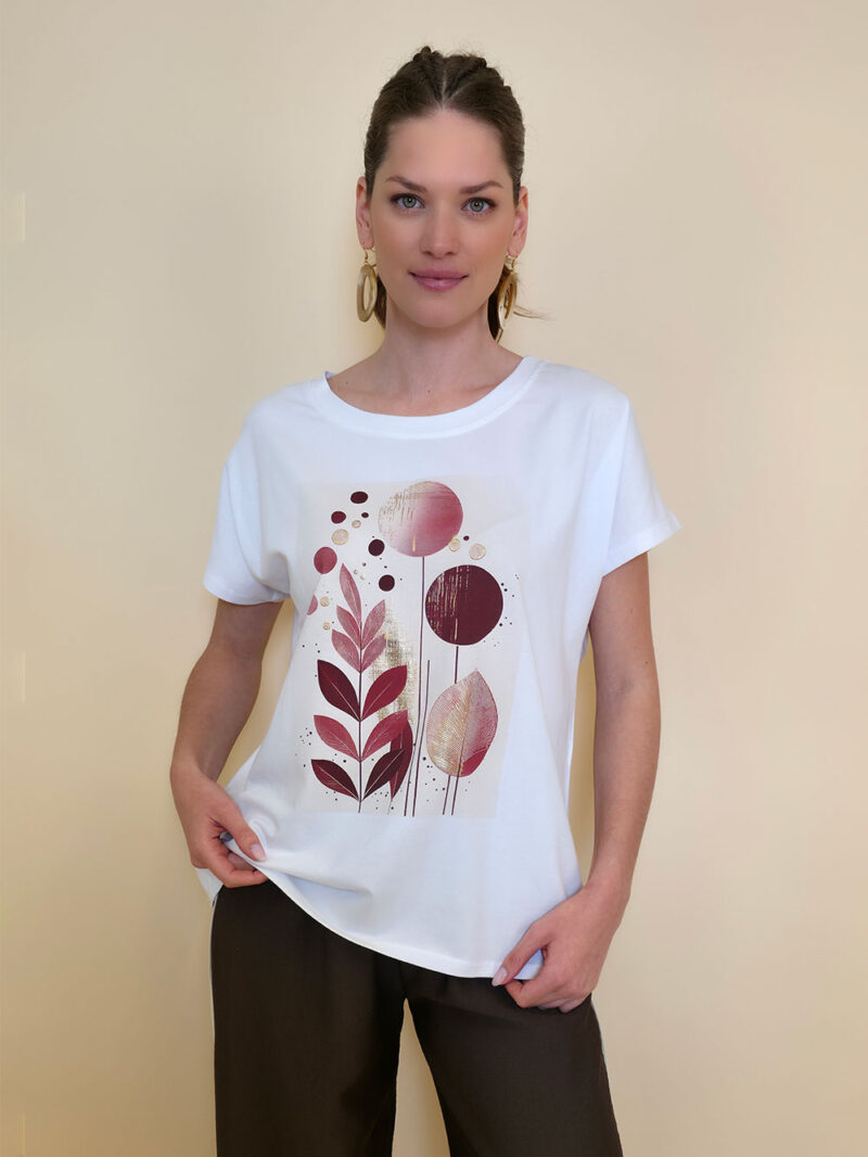 Majica 28 Noroo - cotton white - Olive Leaves burgundy