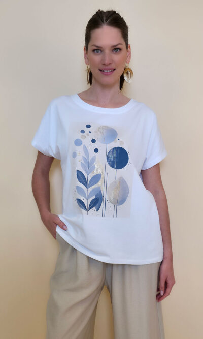 Majica 28 Noroo - cotton white - Olive Leaves blue
