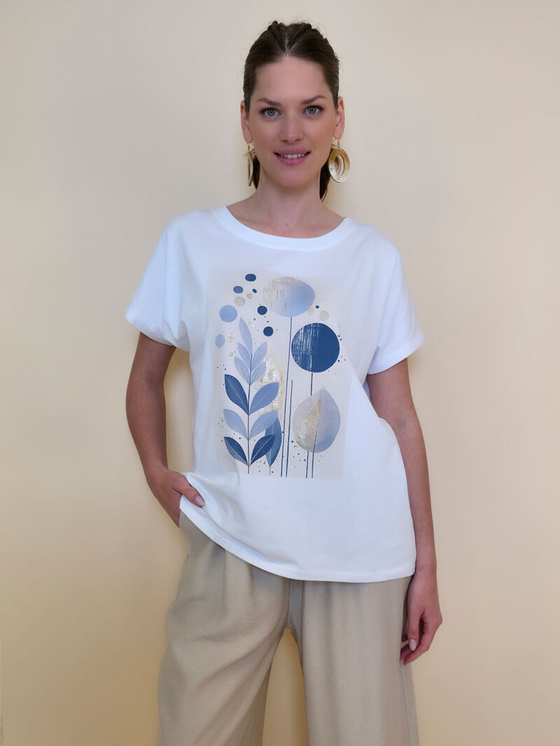 Majica 28 Noroo - cotton white - Olive Leaves blue