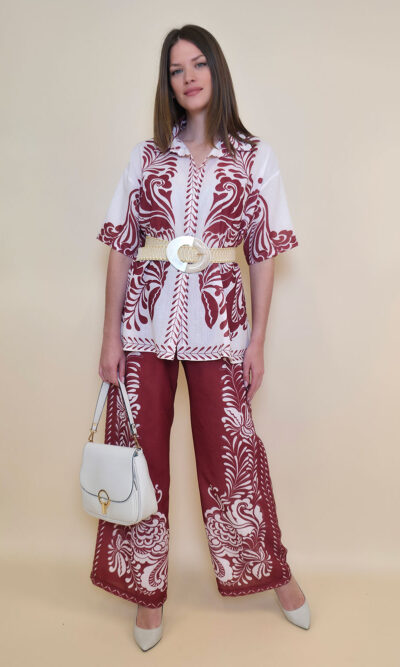 Hlače 38 Vinton - etno print - burgundy/panna