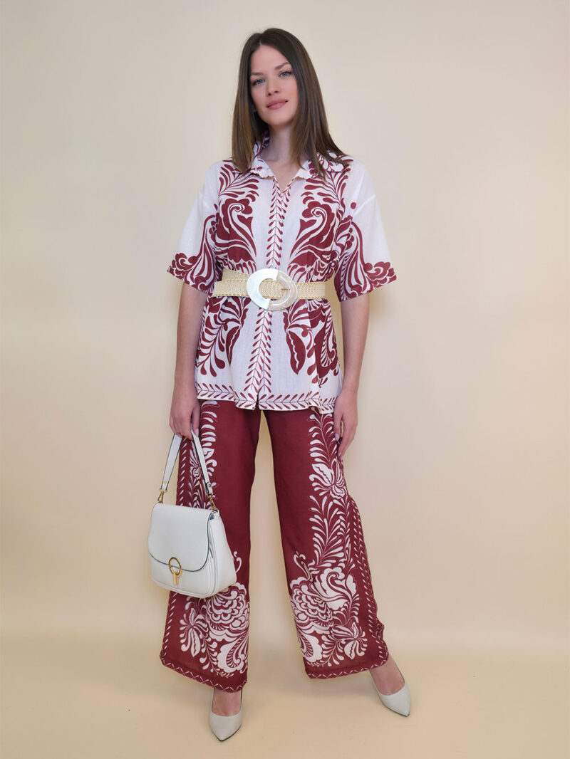 Hlače 38 Vinton - etno print - burgundy/panna