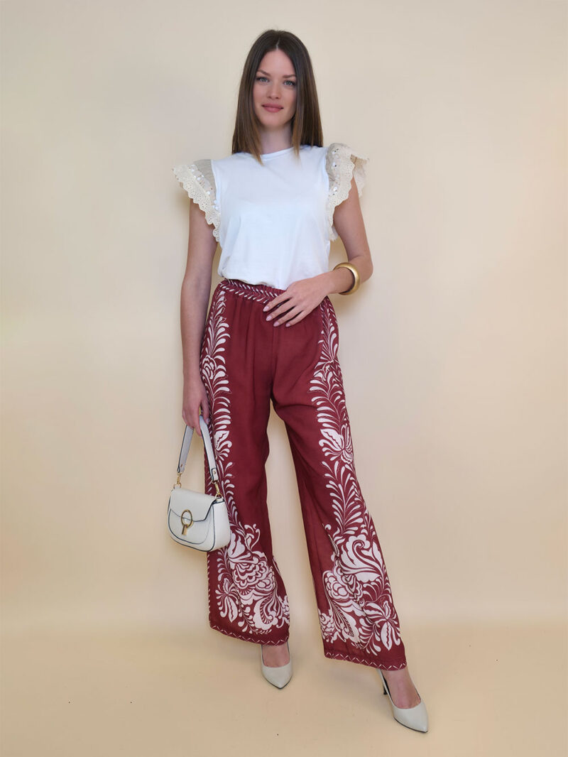 Hlače 38 Vinton - etno print - burgundy/panna