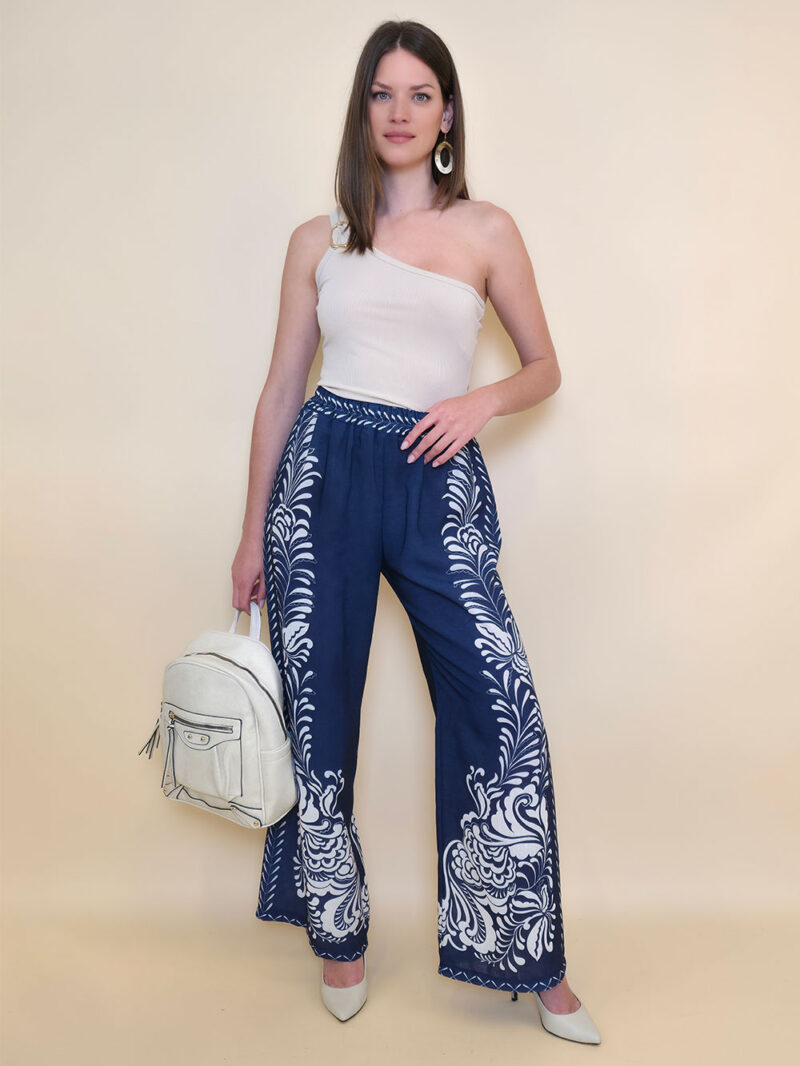 Hlače 38 Vinton - etno print - navy/panna