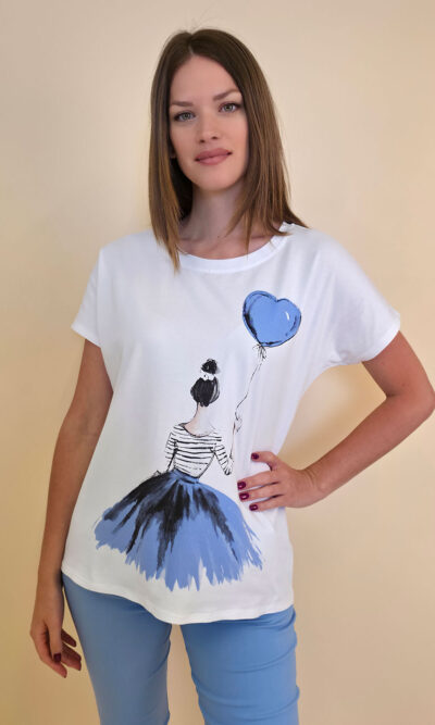 Majica 28 Noroo - cotton white -  Girl with Baloon sky blue