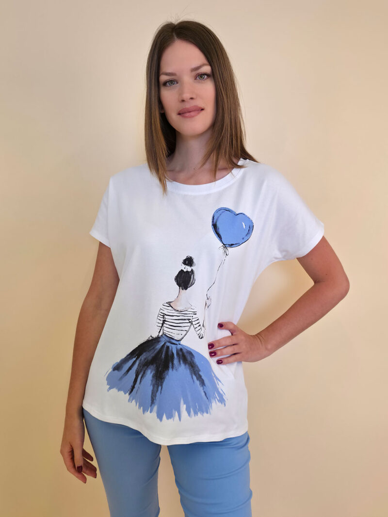 Majica 28 Noroo - cotton white -  Girl with Baloon sky blue