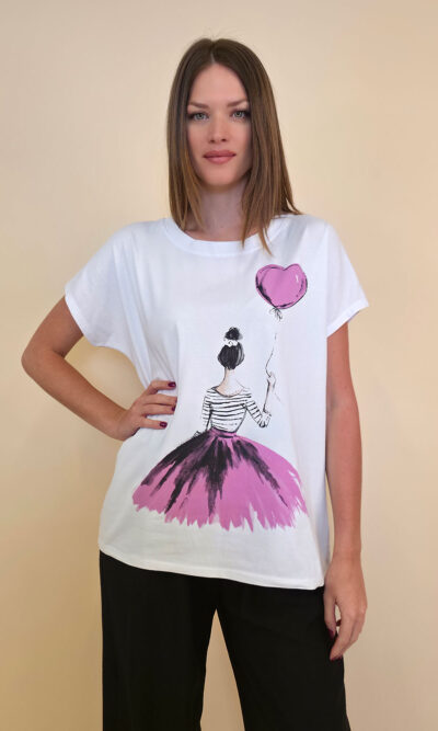 Majica 28 Noroo - cotton white -  Girl with Baloon fuxia