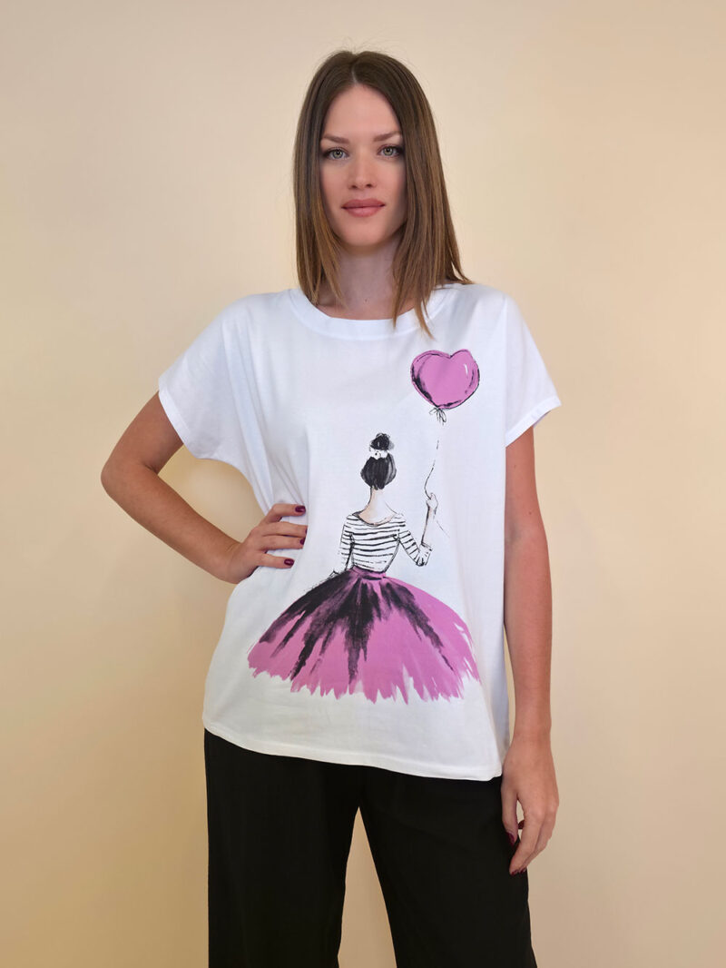 Majica 28 Noroo - cotton white -  Girl with Baloon fuxia
