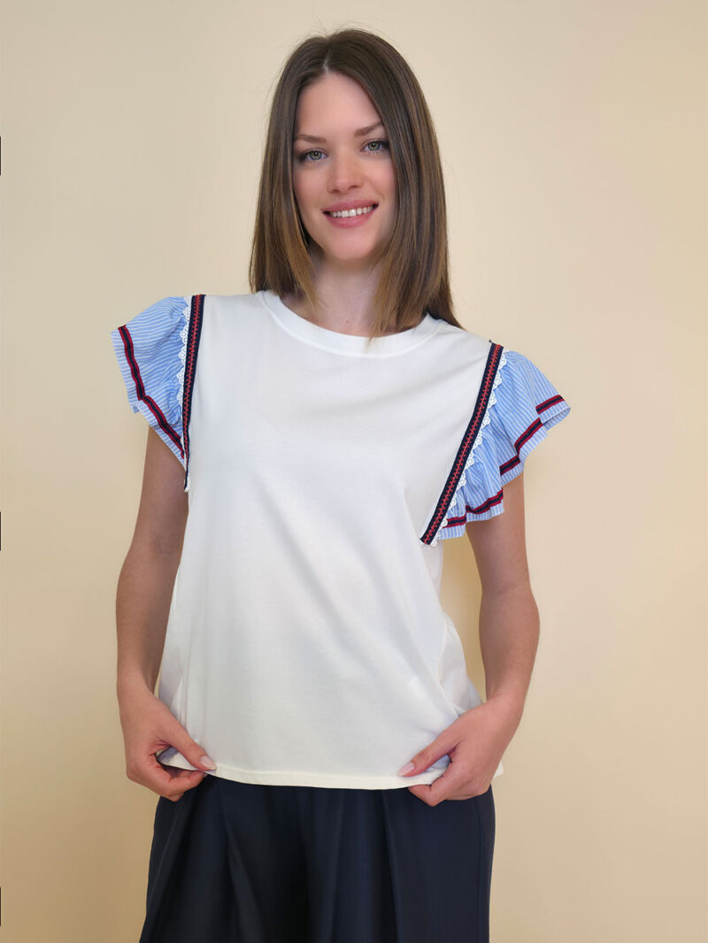 Majica 36 Abita - cotton white plavi volani