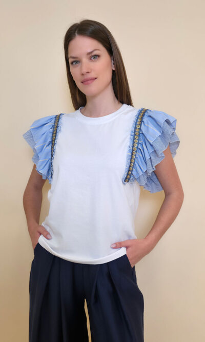 Majica 36 Norco - cotton white plavi dupli volani - navy