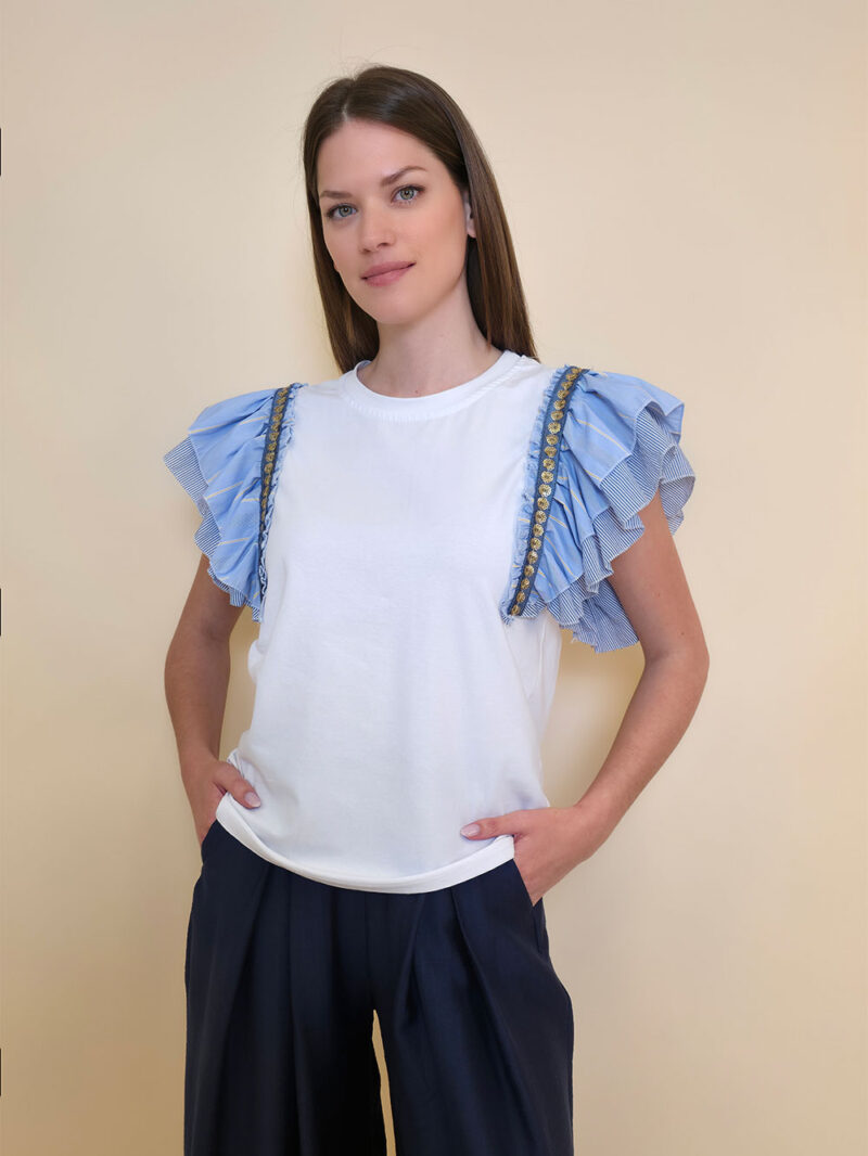Majica 36 Norco - cotton white plavi dupli volani - navy