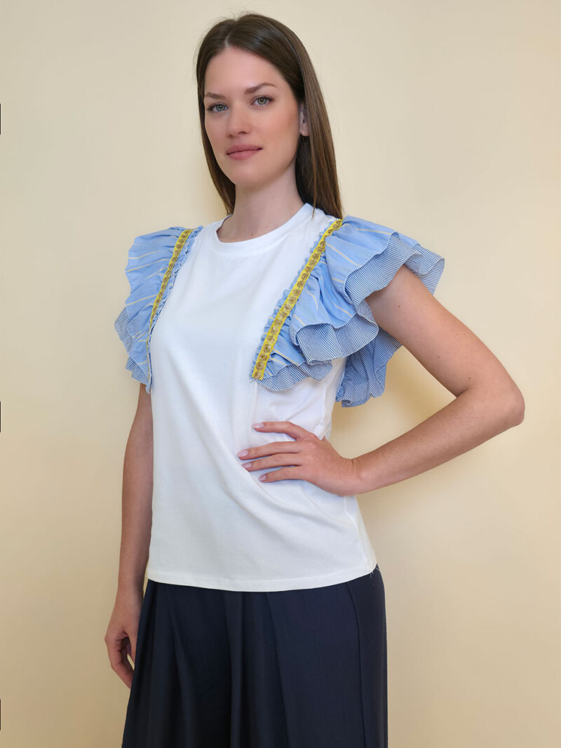 Majica 36 Norco - cotton white plavi dupli volani - yellow