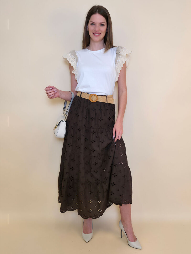 Suknja+remen 54 Smyrna - cotton lace richelieu - brown