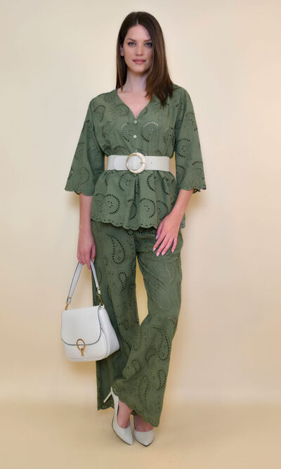 Hlače 48 Milton - cotton lace richelieu - military