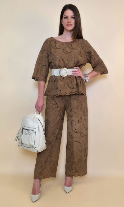 Hlače 48 Milton - cotton lace richelieu - camel