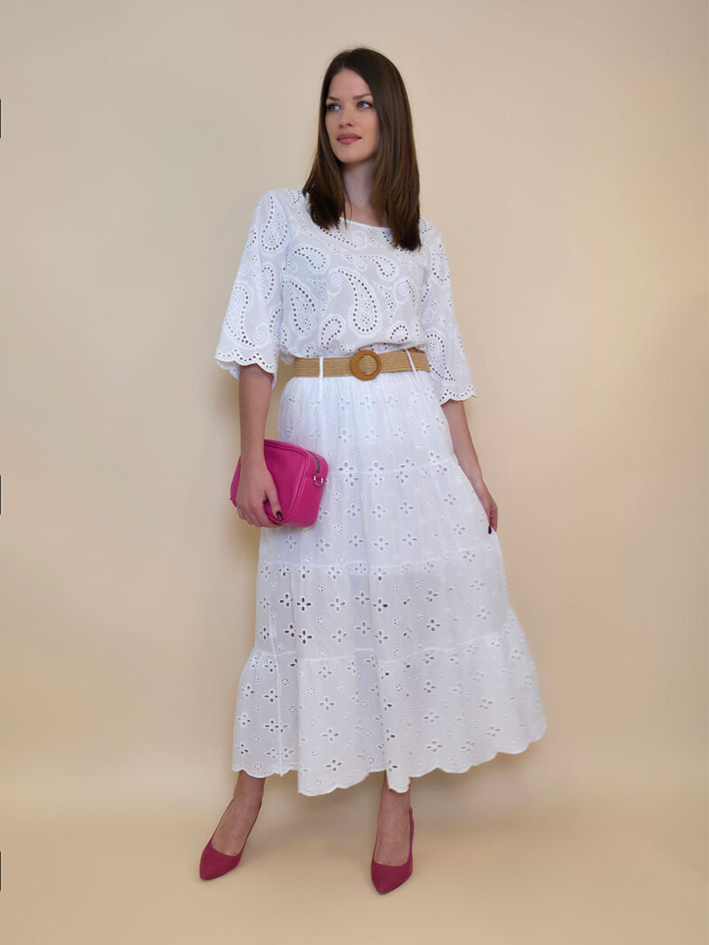 Suknja+remen 54 Smyrna - cotton lace richelieu - white