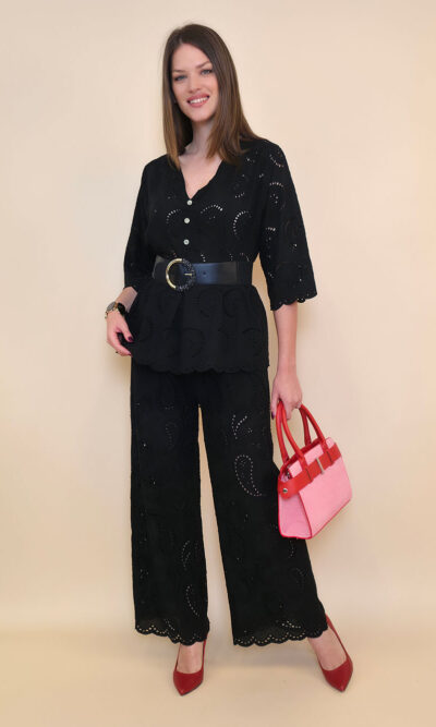 Hlače 48 Milton - cotton lace richelieu - black