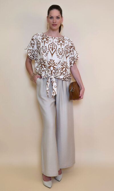Tunika 40 Elida - viscose print mašna - camel