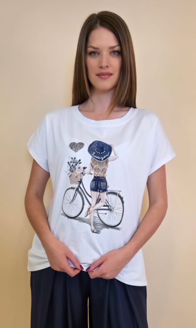 Majica 28 Noroo - cotton white -  Girl with Bike - navy