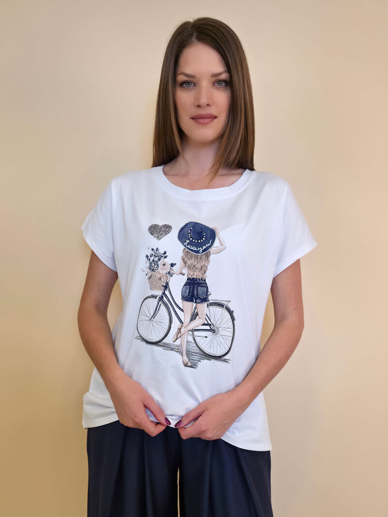 Majica 28 Noroo - cotton white -  Girl with Bike - navy