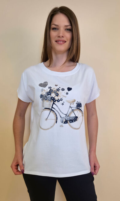 Majica 28 Noroo - cotton white -  Flowers Basket Bike - navy