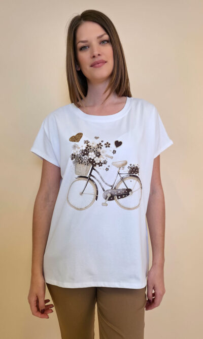 Majica 28 Noroo - cotton white -  Flowers Basket Bike - brown