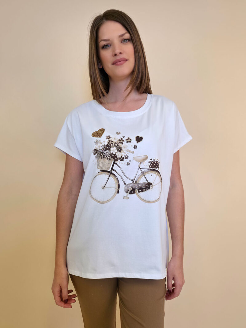 Majica 28 Noroo - cotton white -  Flowers Basket Bike - brown